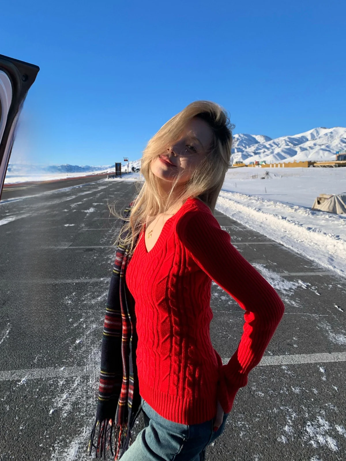 

Red Knitted Sweater Women's V-Ne Pullover Base Layer Top Winter New Sle 8uioio Warmth Commute Slim Fit Long Sve