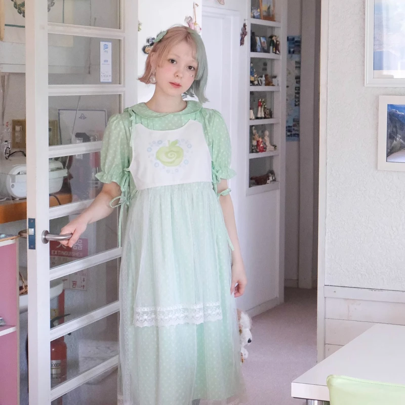 2025 New Spring And Summer Women's Fake Two-piece Long Dress Cute Doll Collar Green Polka Dot Japanese Sweet Thin Ladies Dresses