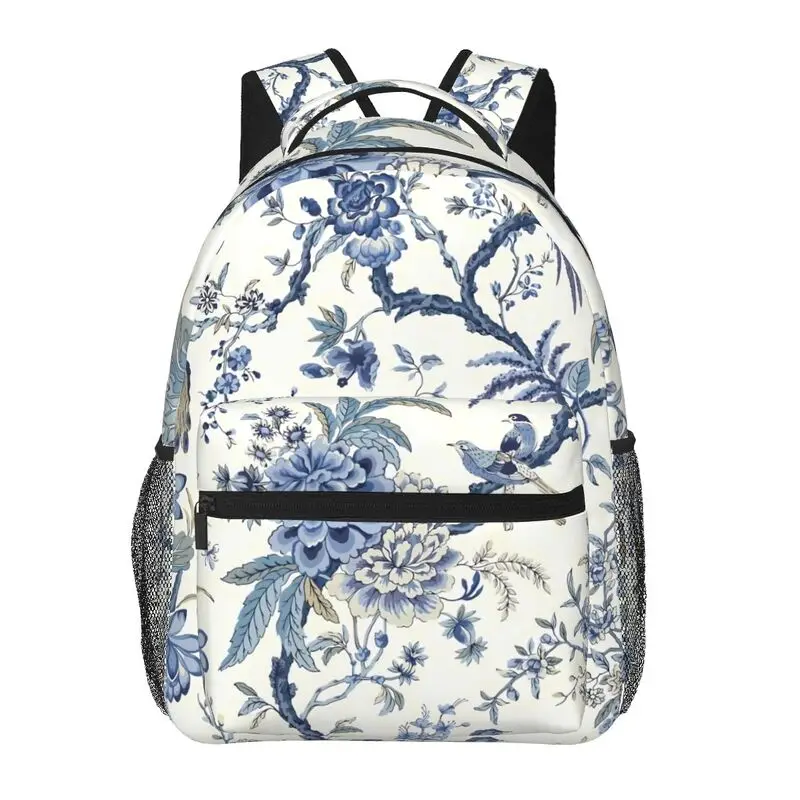 

Chinoiserie Laptop Backpack Blue and White Outdoor Bule Birds Flowers Lightweight Travel Daypack Waterproof Students Bookbag