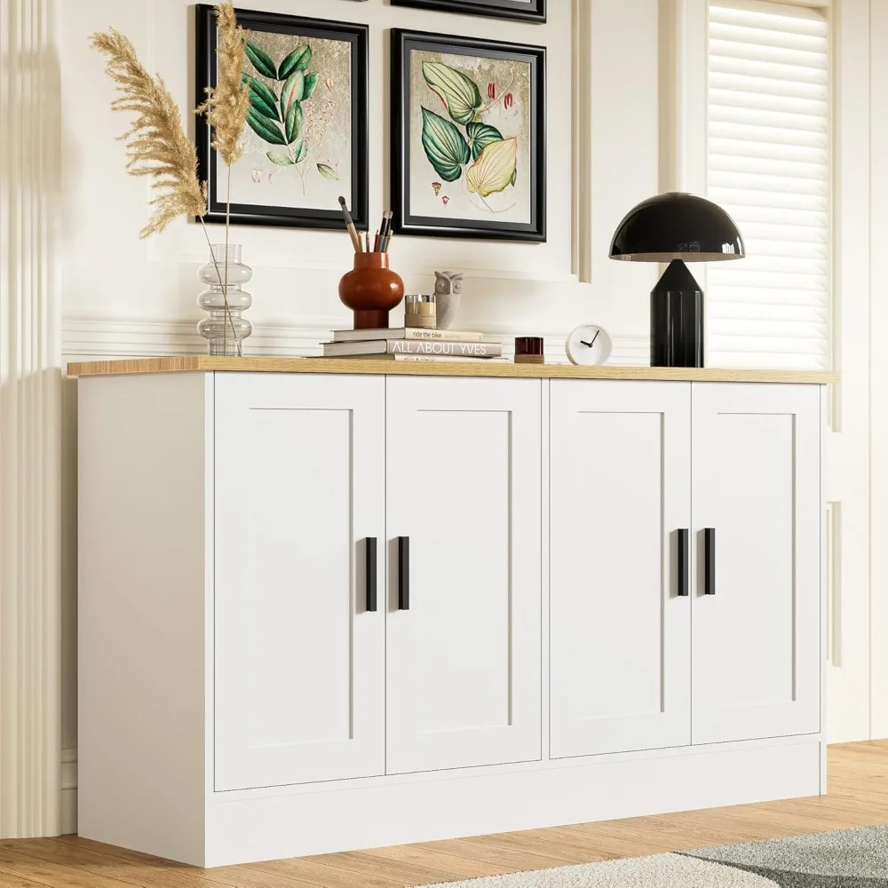 

53.1 "W white four door buffet cabinet with adjustable shelves, living room, kitchen, buffet side panel