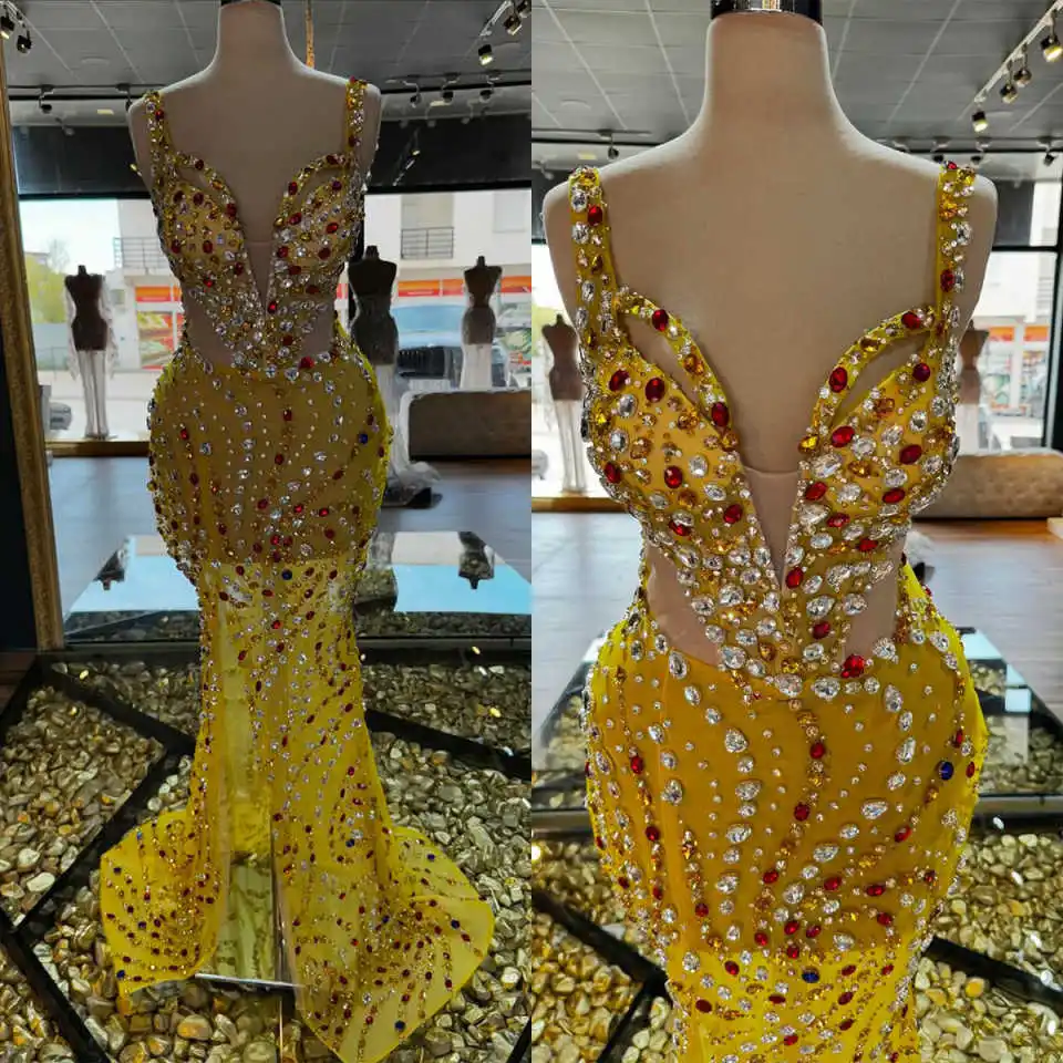 

Customized Major Beading Mermaid Evening Dresses Sexy Spaghetti Strps Crystal Prom Gowns Dubai Black Girls Birthday Party Dress