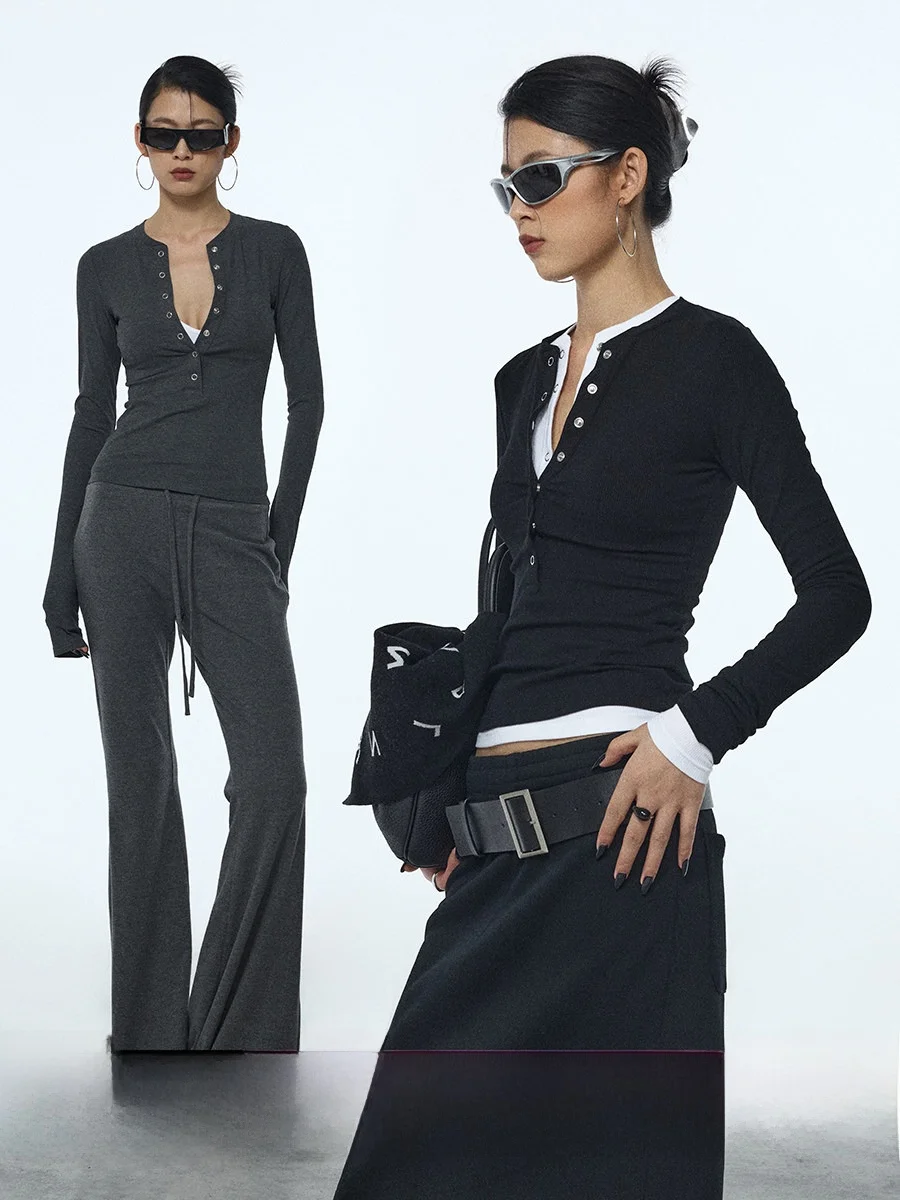 

Slimming Four-Color Knitted Long Sve Base irt Henry Collar Ribbed Casual Sle Women's T-irt Viscose Fabric Elastic Fiber