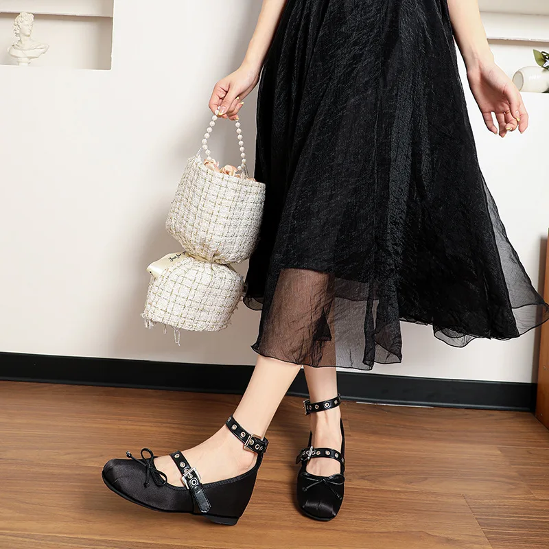 Explosive Inside Increase 5CM Vintage Style Double Line with Ballet Shoes Bow Single Shoe Women