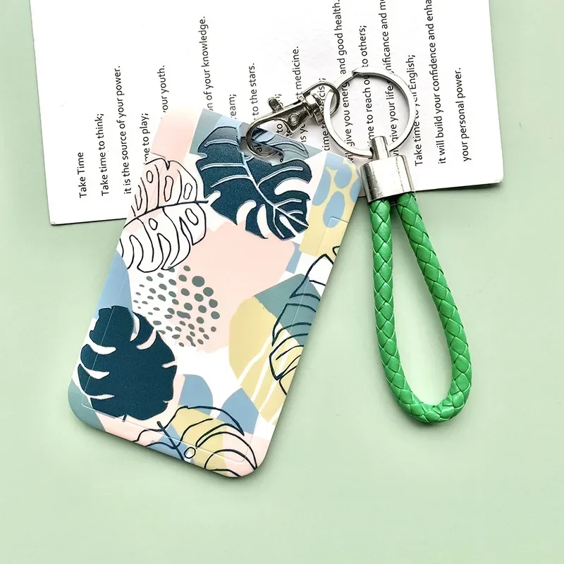 Green Plant Pattern Business ID Name Card Badge Holder Case Bags Credit Card Covers with Lanyard String Student Bus Card Sleeve