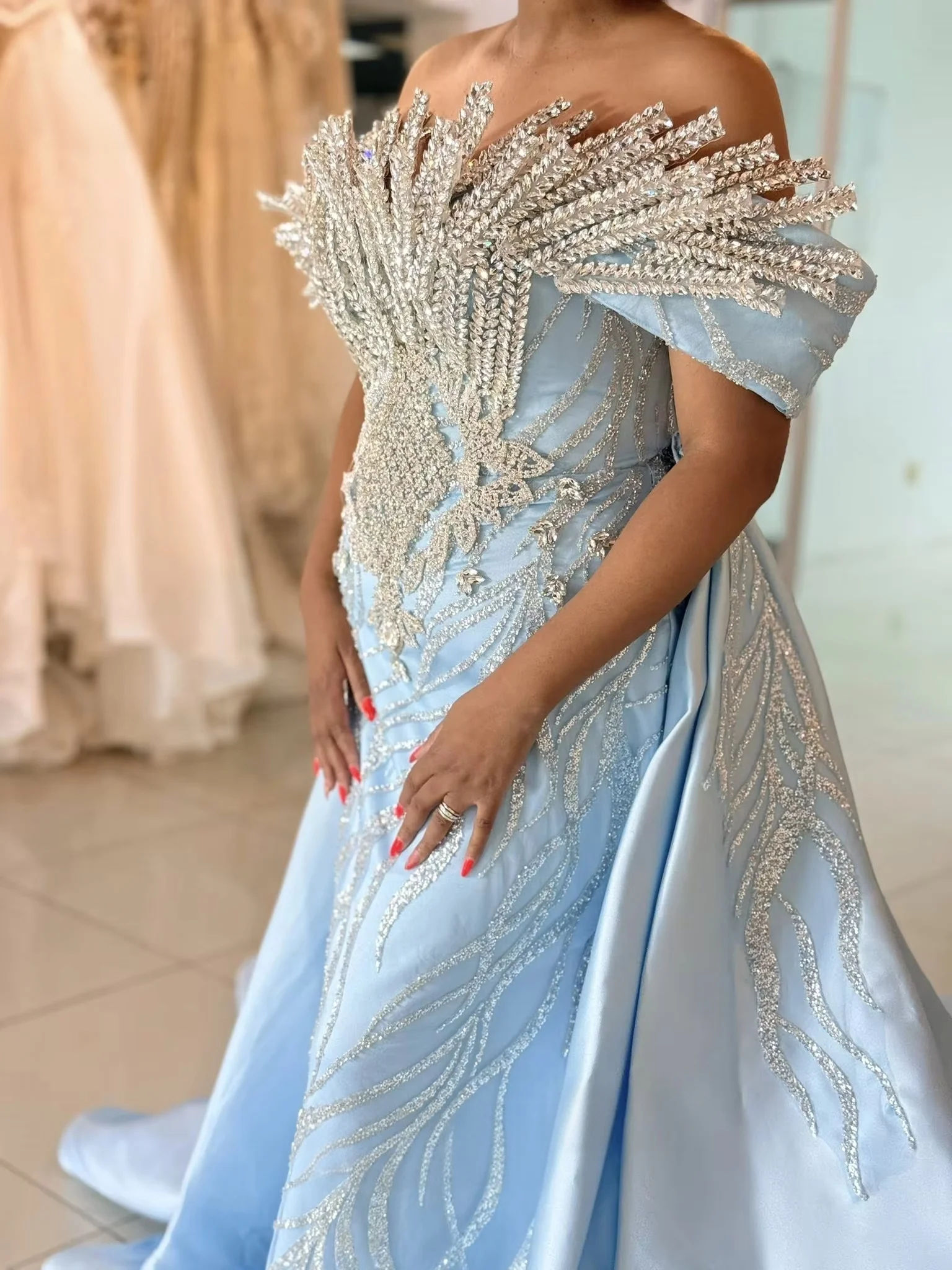 Sky Blue Long Evening Dresses Mermaid Luxury Beaded Saudi Arabia Dubai Robe De Soiree Middle Eastern Prom Dress Gown Customized