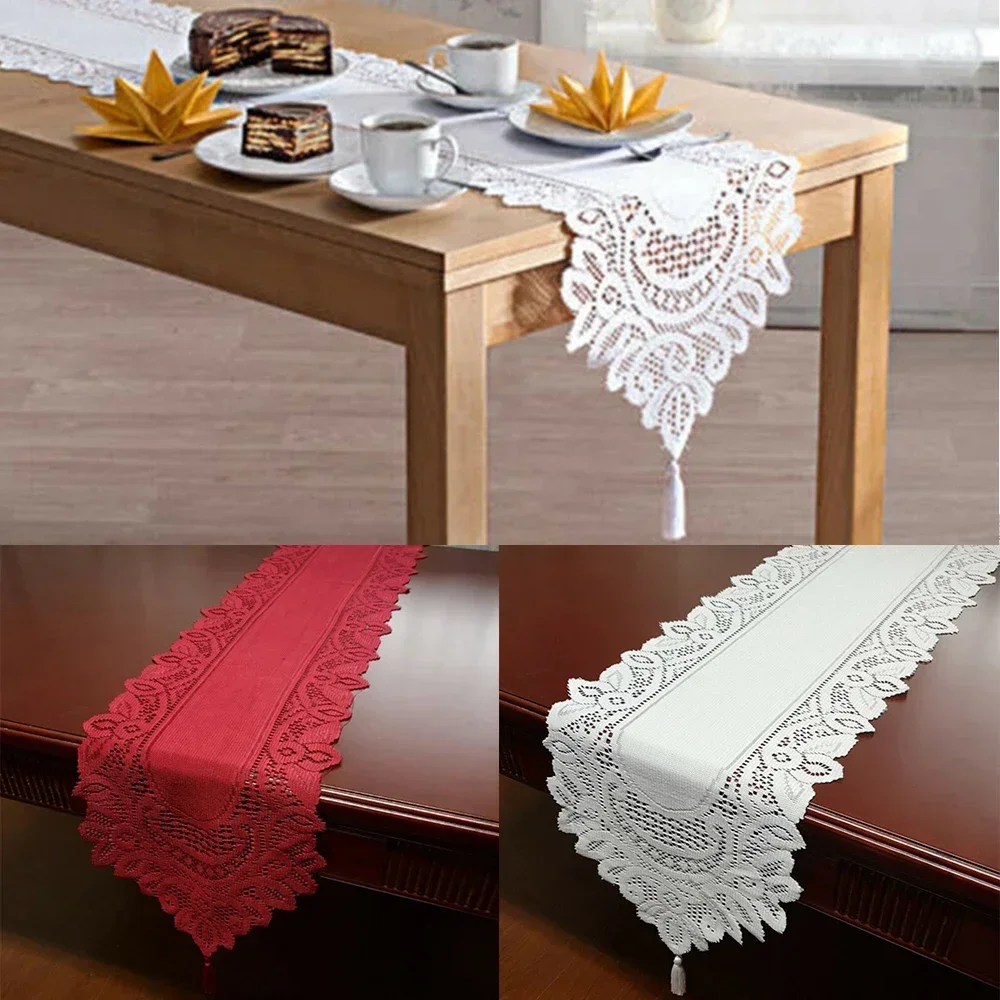 Table Runner Vintage Hand Knitted Floral Lace Table Runner Tasseled Edge Floral Table Cloth For Engagement Wedding Party Decor