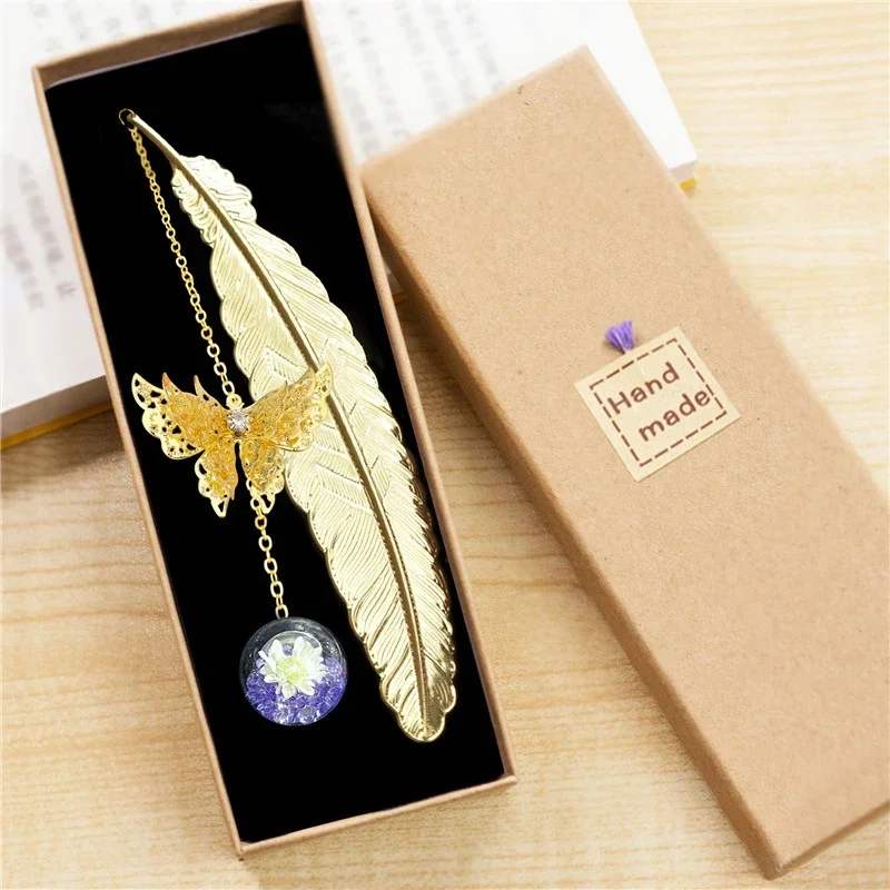 1pc Chinese Style Metal Feather Bookmark Creative Immortal Dried Flower Butterfly Leaf Student Bookmark Teacher\'s Day Gift