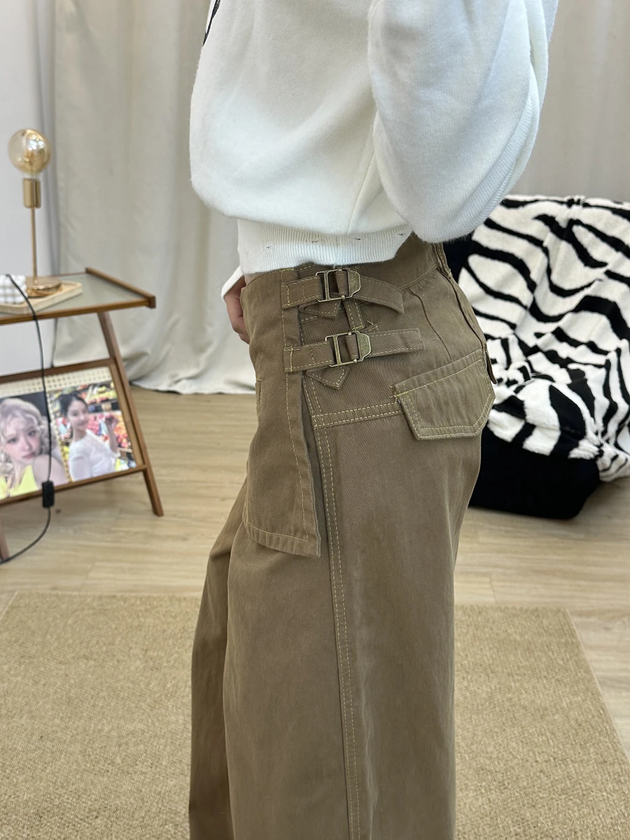 ReddaChic-pantalones largos rectos para mujer, pantalón Retro caqui liso, informal, holgado, de tiro alto, por encima de la parte delantera, Palazzo