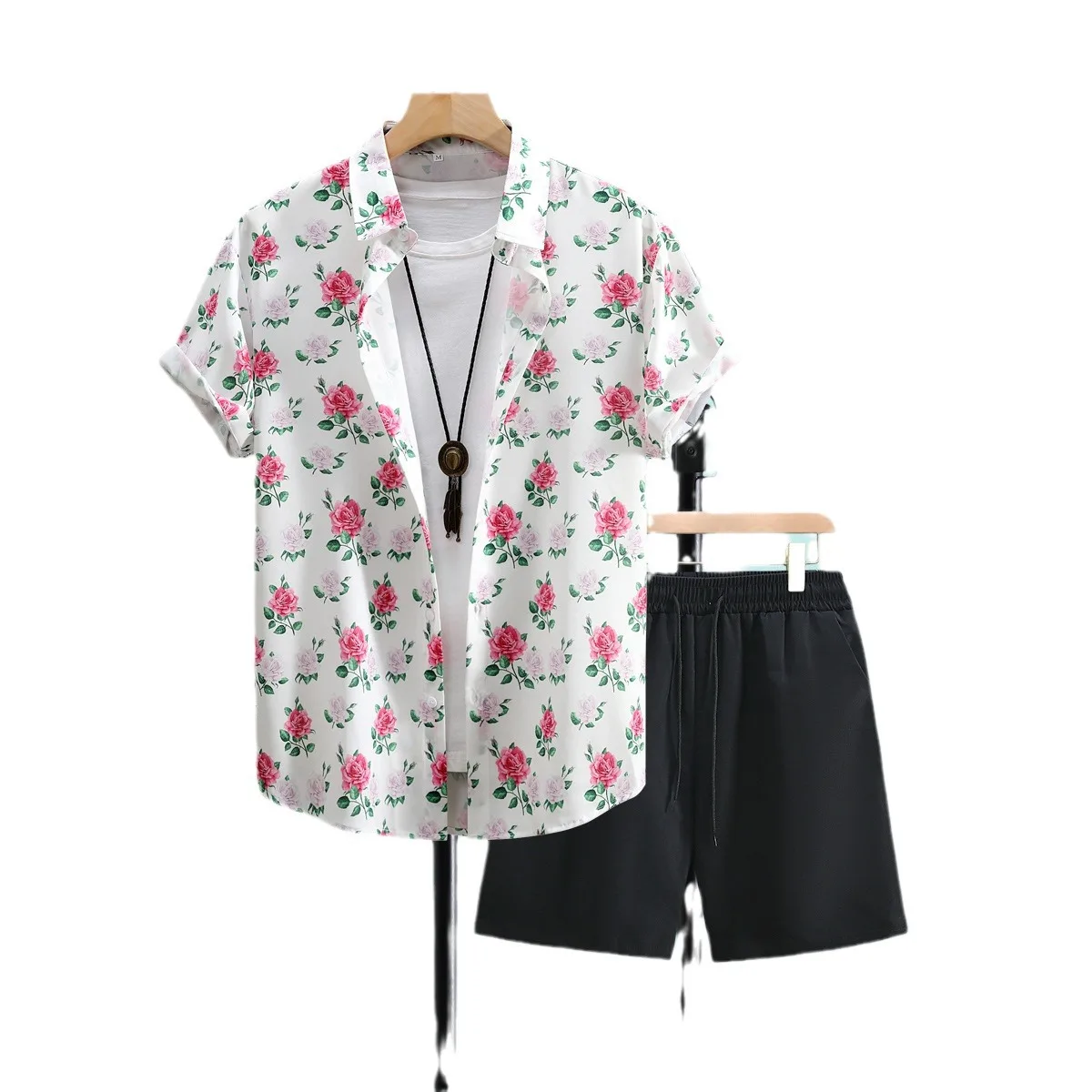 Herenshirt met korte mouwen en strandshorts Set Flamingo bedrukt Stijlvol vrijetijdsshirt voor heren Zomervakantie Feest Herenkleding