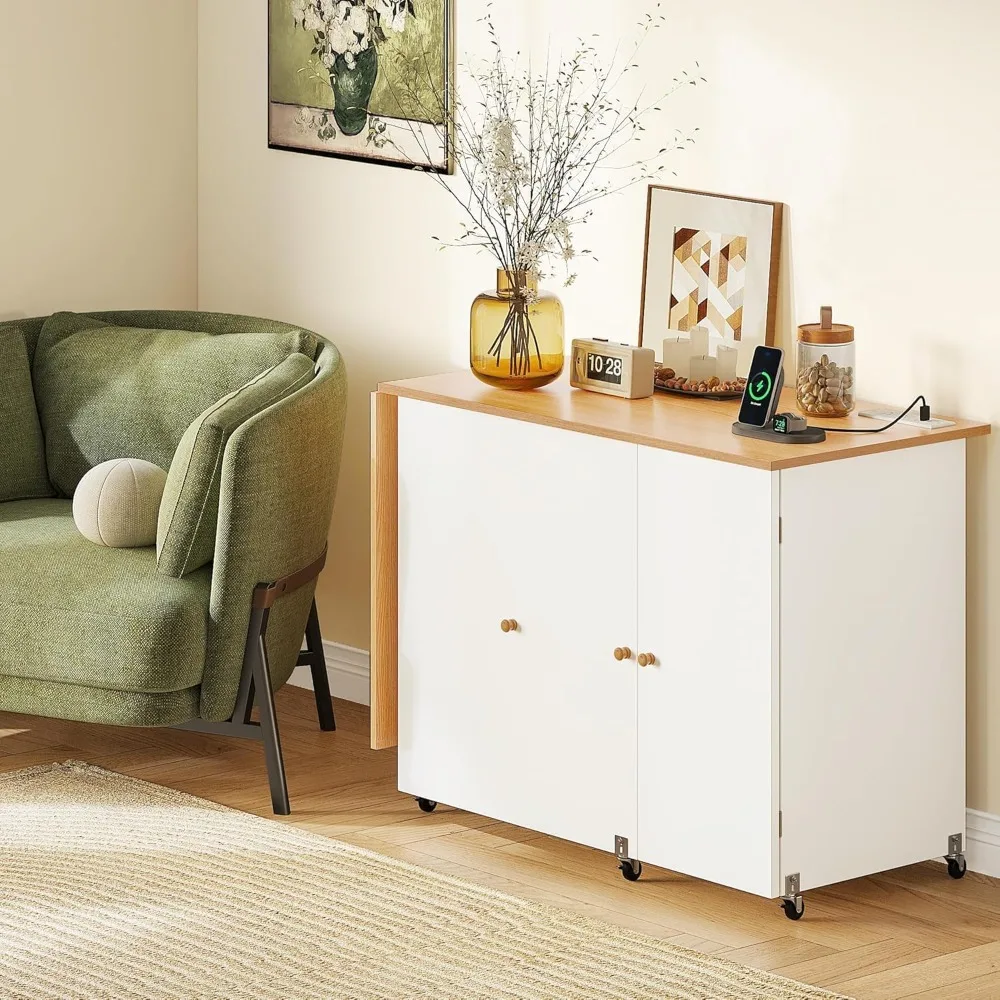 Folding Sewing Table with Charging Station, Storage & Lockable Casters for Craft Rooms