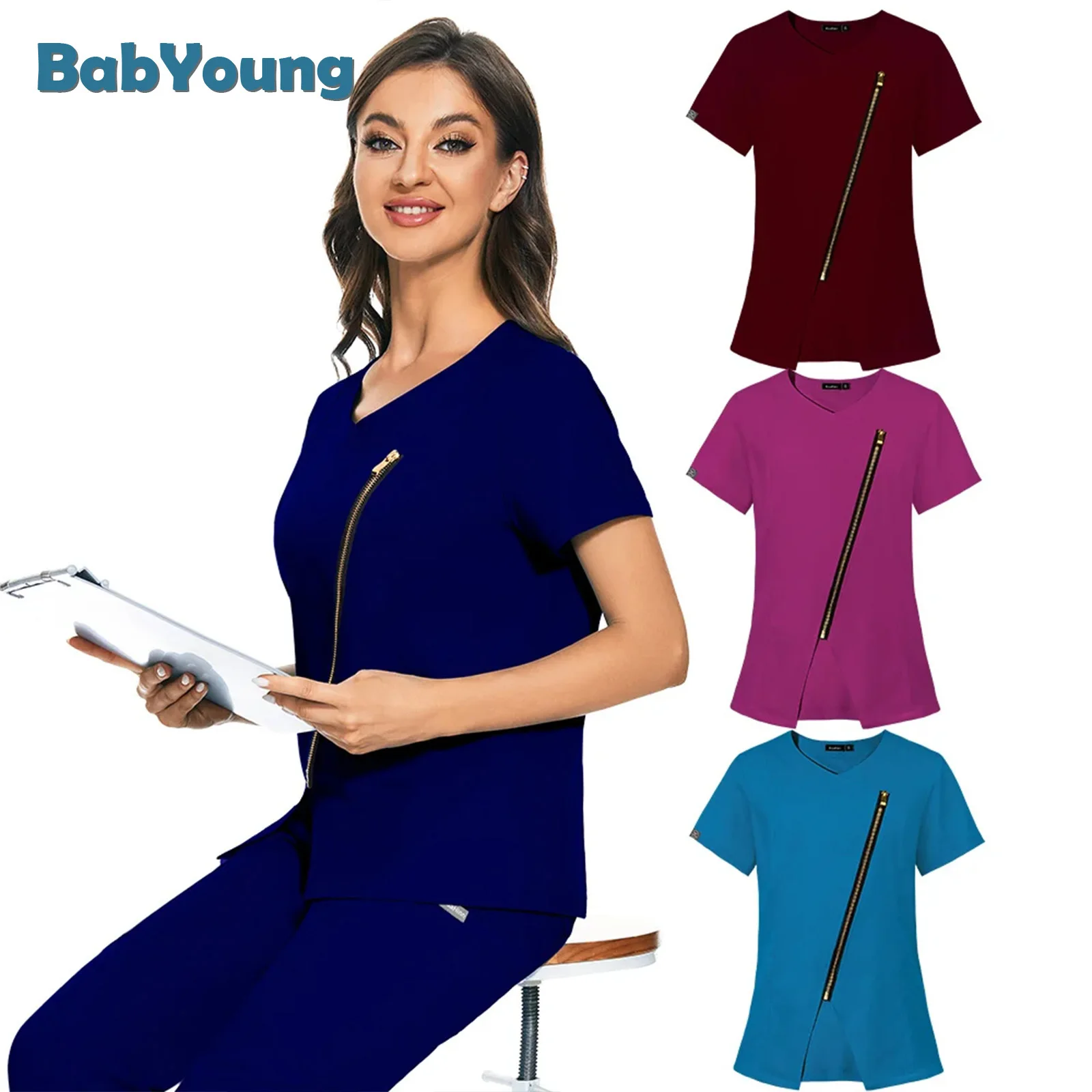 Scrubs Shirts For Women Hospital Beauty Salon Uniform Spa Workwear Scrub Surgical Gown V-Neck Joggers Tops Wholesale Price