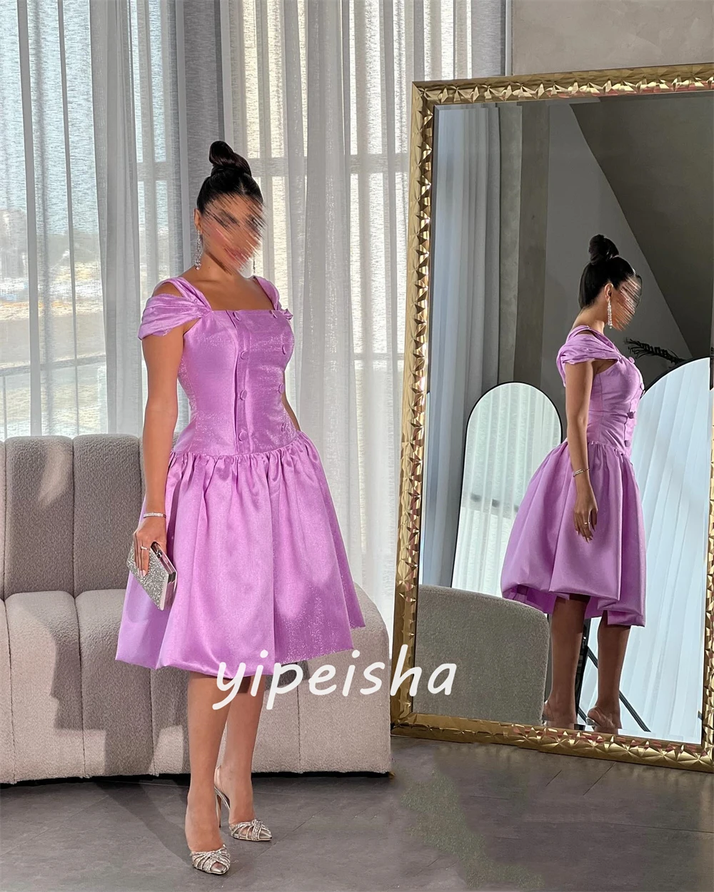 تخصيص رائعة الساتان Ruched ألف خط خارج على الكتف فساتين متوسطة الطول فساتين Quinceanera النمط الحديث Pastrol للجنسين الصينية S