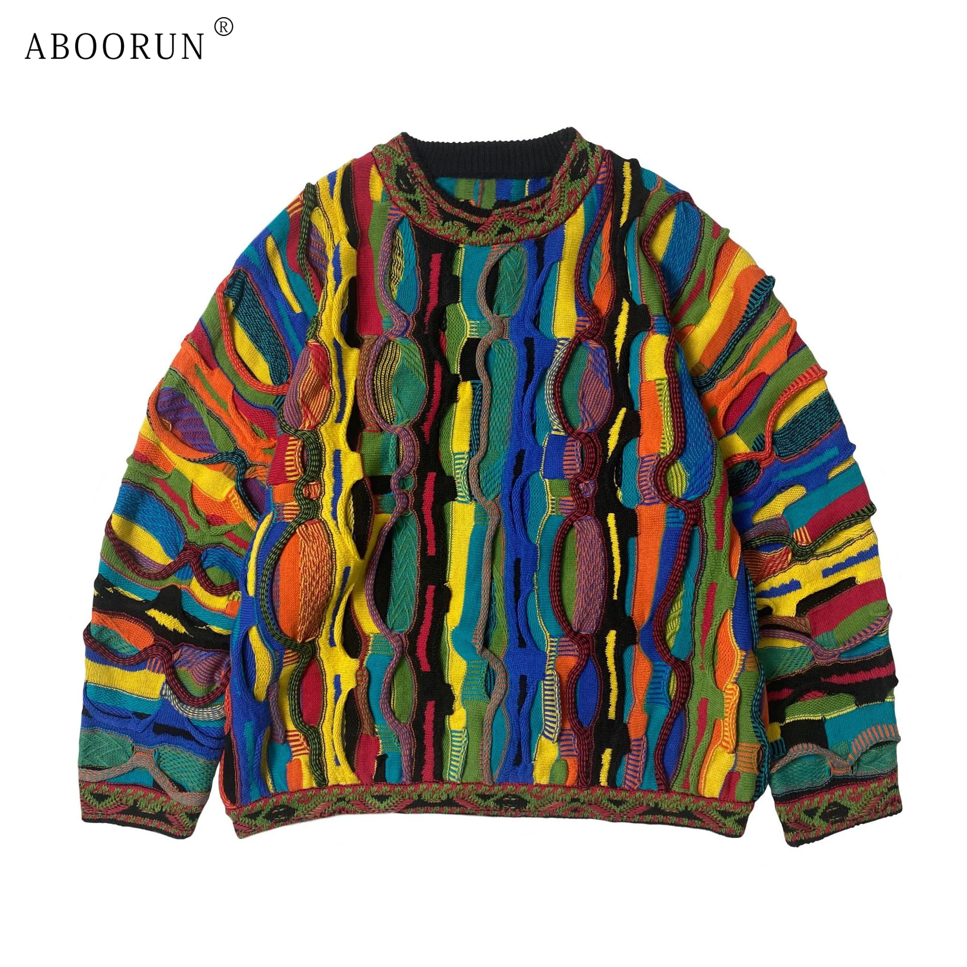 ABOORUN Men's 3D Bitter Melon Pattern Contrast Color Sweaters Heavy Industrial Pullover Knitwear for Male