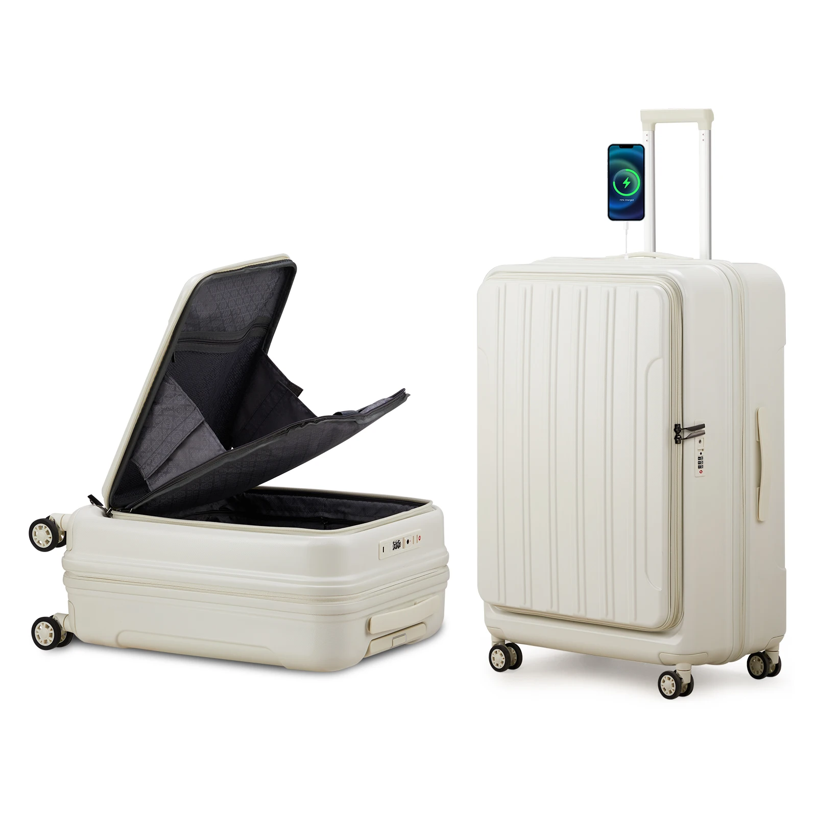 22 ×14 × 9 Airline Approved with USB Port, ABS+PC 20 Inch Luggage with Front Compartment, Double Spinner Wheels, TSA Lock White