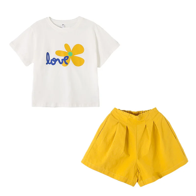 2026 Summer Girls Cotton Stylish Sweet Floral T-Shirt Top+Shorts Pant Set School Kids 2PCS Tracksuit Children Vacation Outfit