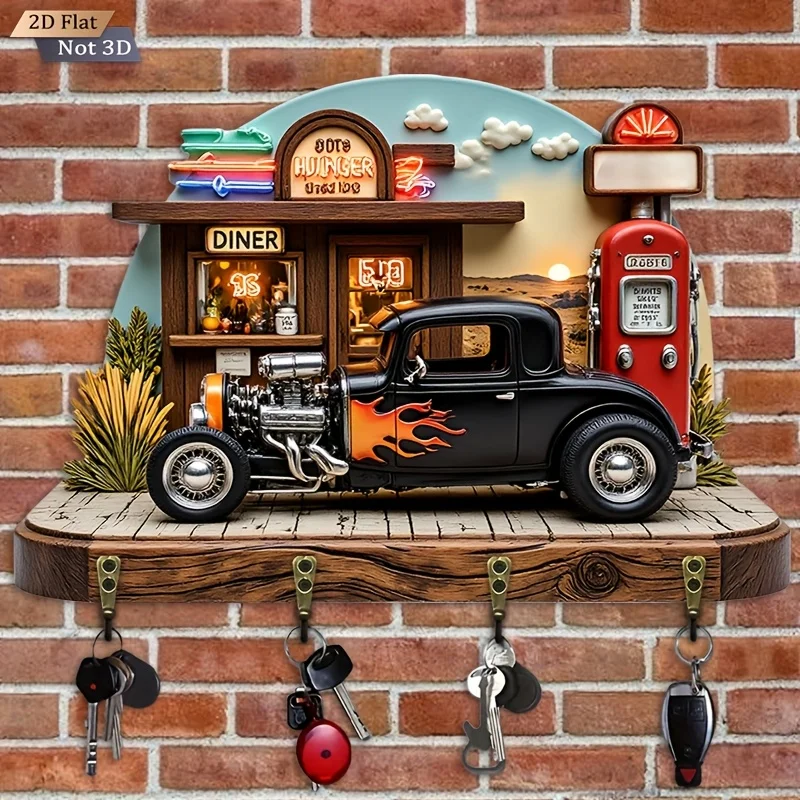 2D Flat.1pc. American Retro Gas Station Flame Vintage Car Themed Key Hook - Multi - functional Decorative Key Rack, with four