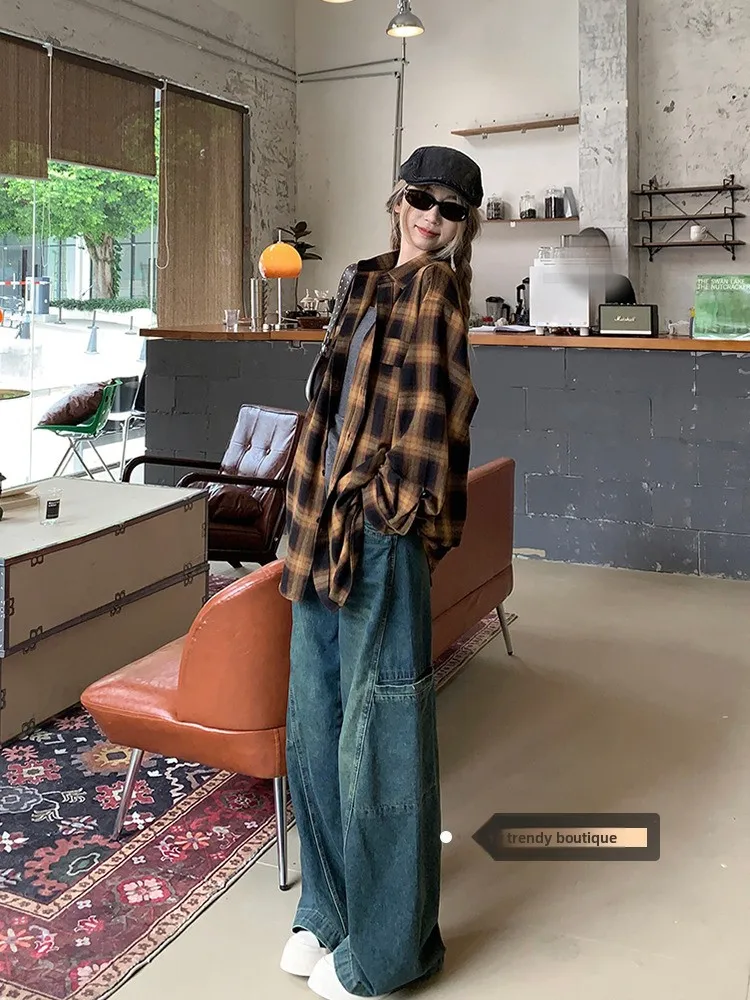 

Женская куртка в американском стиле в стиле ретро в клетку Midi Lazy Sle Floing, высококачественное ощущение, ранняя зима, верхний воротник, длинный све