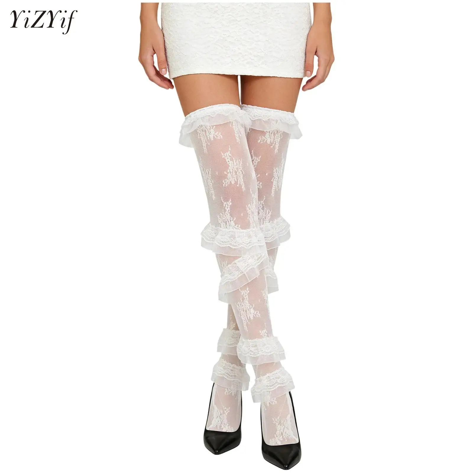 

1 Pair Womens Sheer Mesh Stockings Jacquard Mesh Tiered Ruffled Thigh-High Stockings Lolita Hosiery for Cosplay Fashion Costume