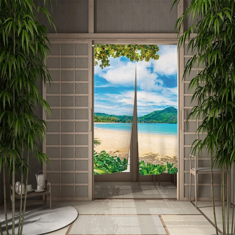 

Summer Seaside Scenery Door Curtain Kitchen Dining Room Door Curtain Partition Curtain Drape Entrance Hanging Half-Curtain Decor