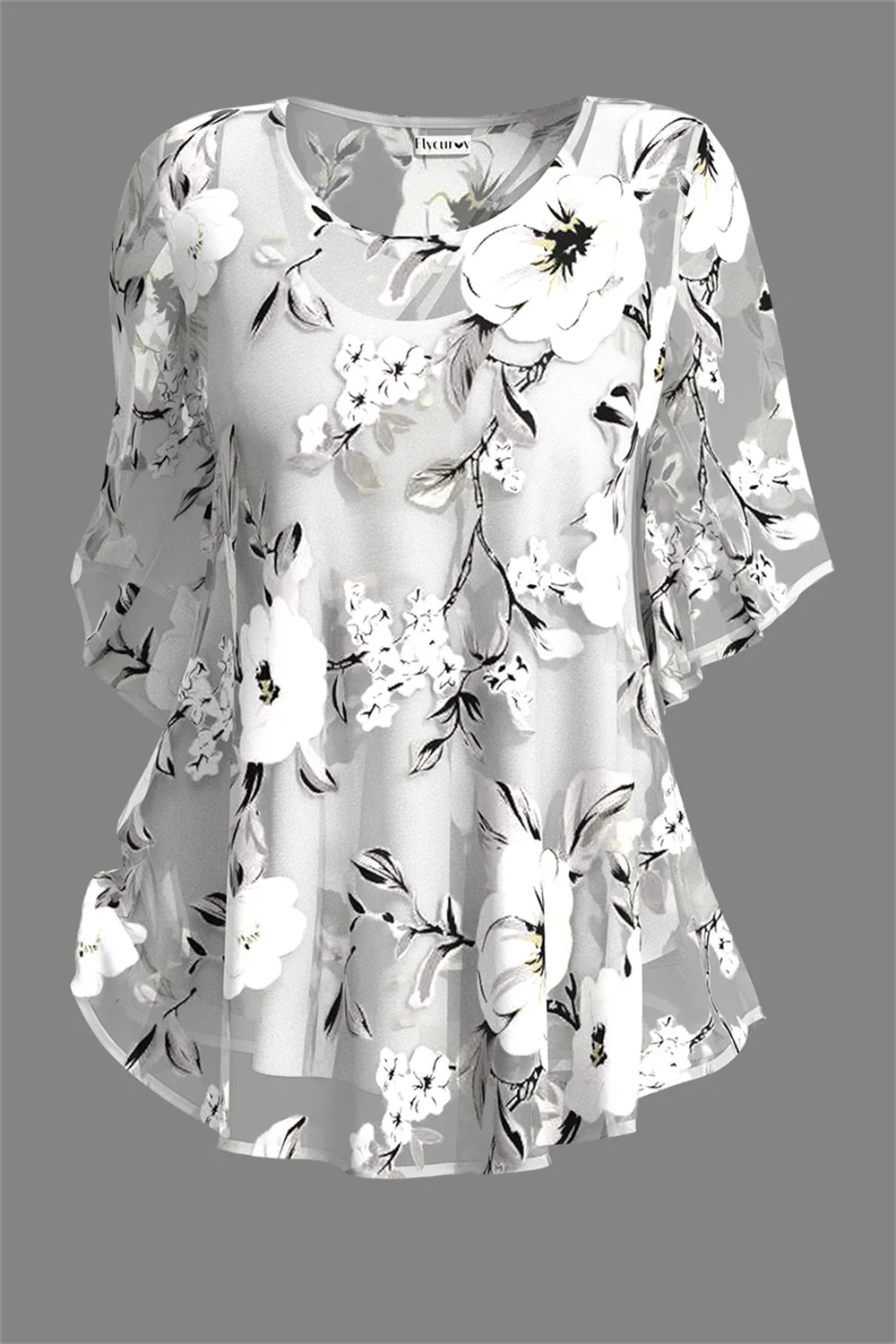 Flycurvy Plus Size Chic Zwart Chiffon Doorzichtige Bloemenprint Tweedelige Blouse Halve Mouw Tops