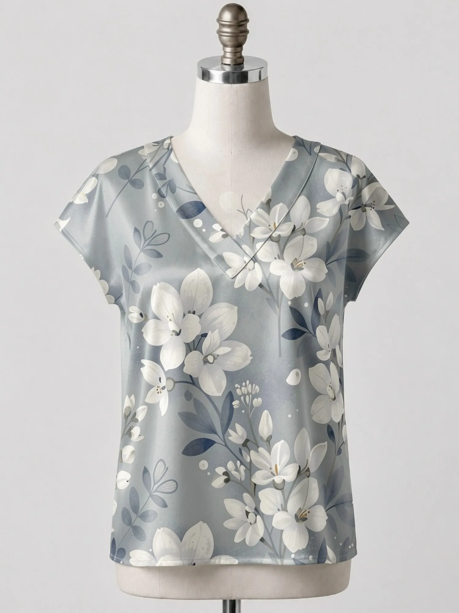 Floral Satin V Neck Top for Women Cap Sleeve Flowy Draped Fit Silky Casual Brunch Weekend Wear Lightweight Breathable Smart Glam