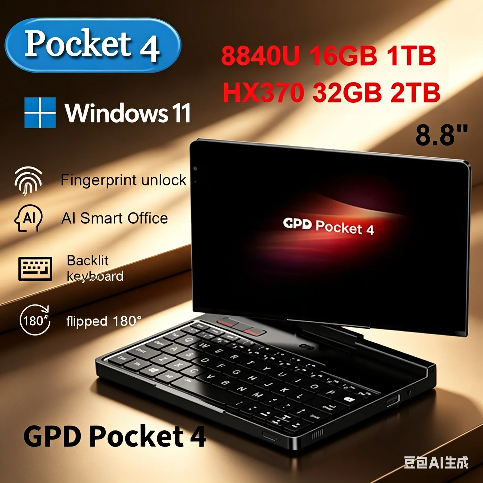 Fierce 2026 GPD Pocket 4 Portable Mini PC 8.8-inch AMD Ryzen 9 HX 3700U 64GB RAM 2TB NVMe Flipped 180° 4G LTE Windows 11 Laptop