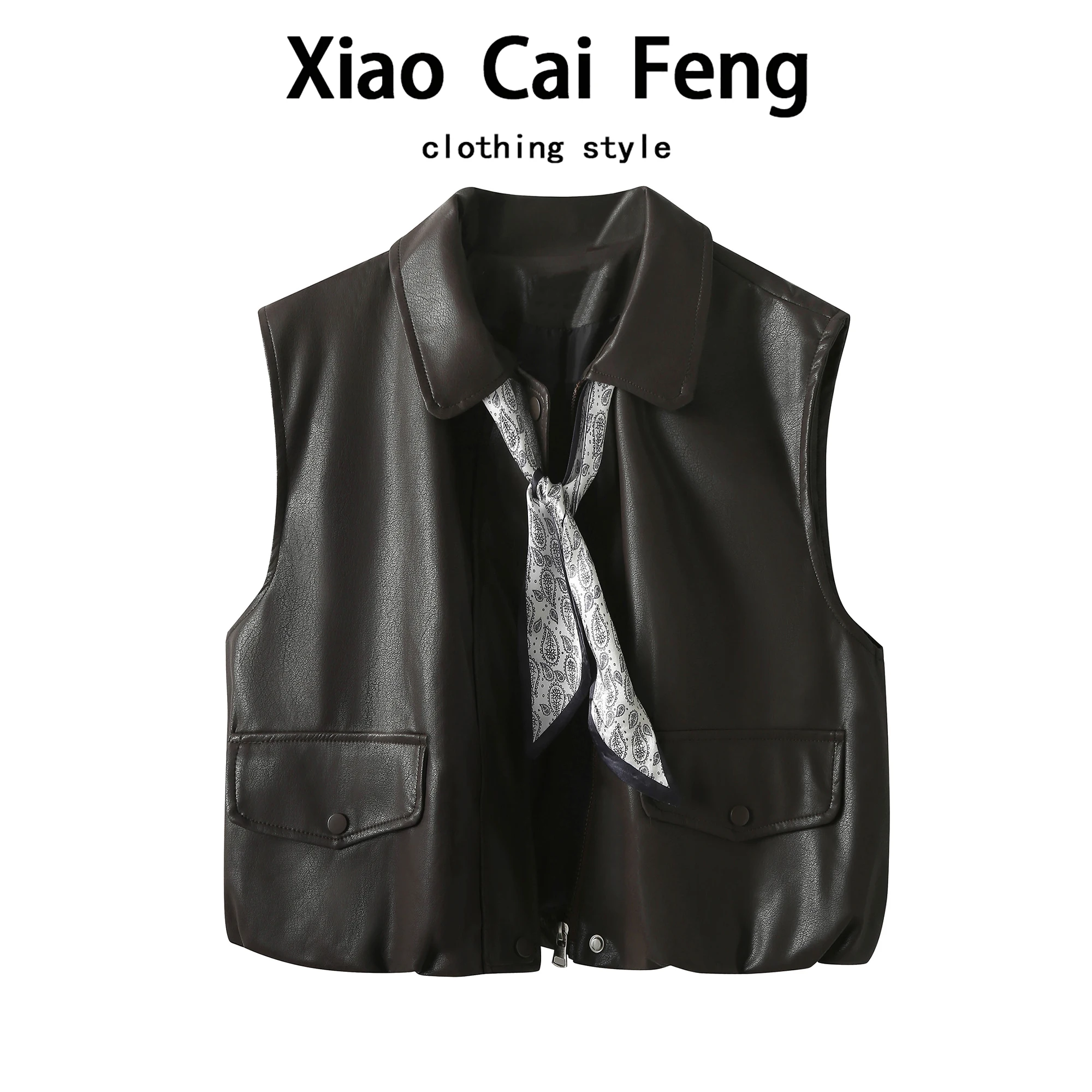 

Ретро Гонконг Sle из искусственной кожи, женское повседневное пальто без шипов, шарф, жилет с поясом, осенняя верхняя одежда Faion Dr Qing