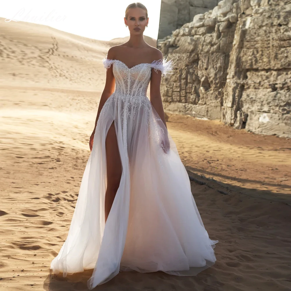 Lhuilier Customized A Line Illusion Boat Neck Wedding Dresses Floor Length Beaded Bridal Gowns with High Slit