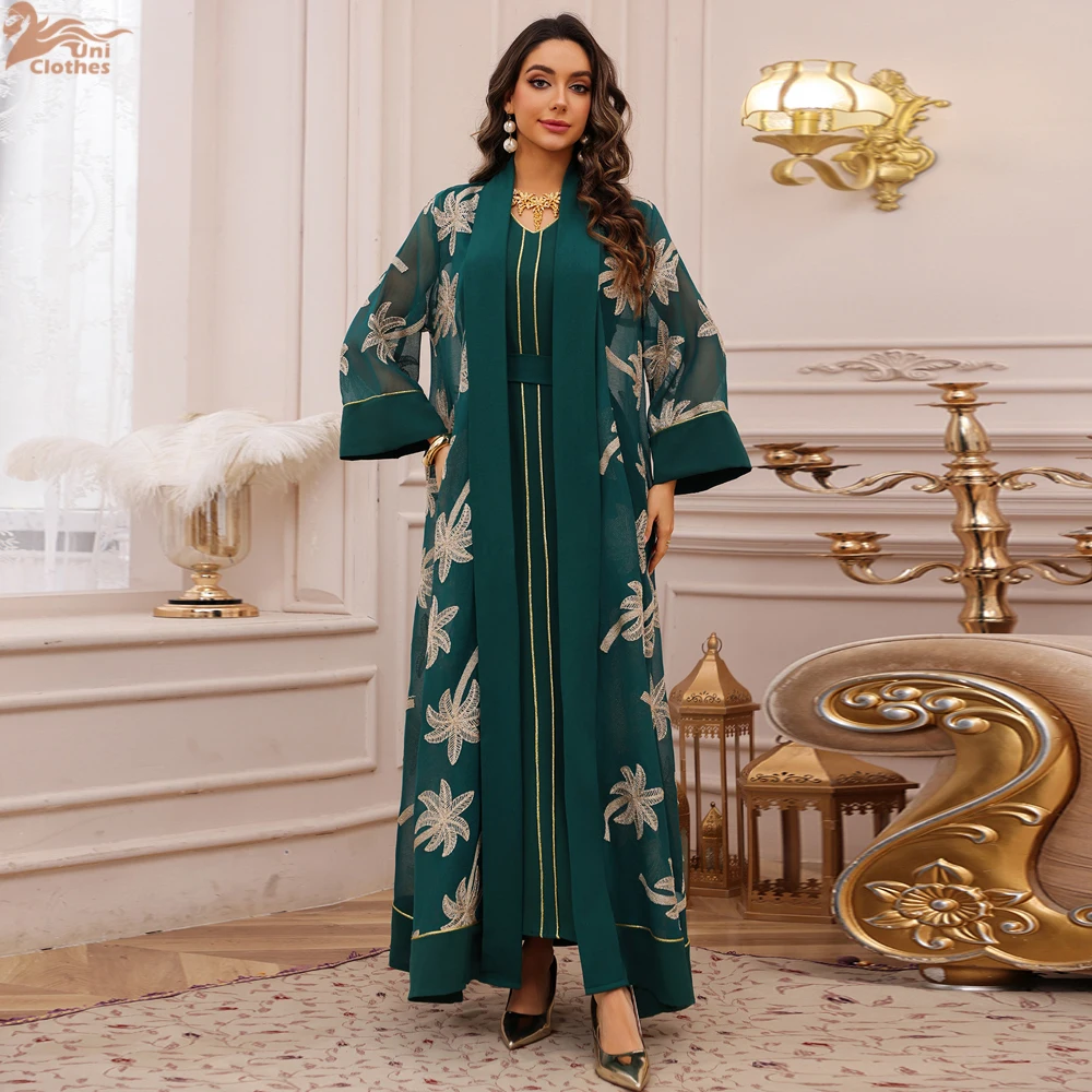 

Luxury Muslim Abaya Two Piece Set with Belt Embroidered Mesh Sleeve Kaftan Modest Evening Party Dress Islamic Womens Clothing