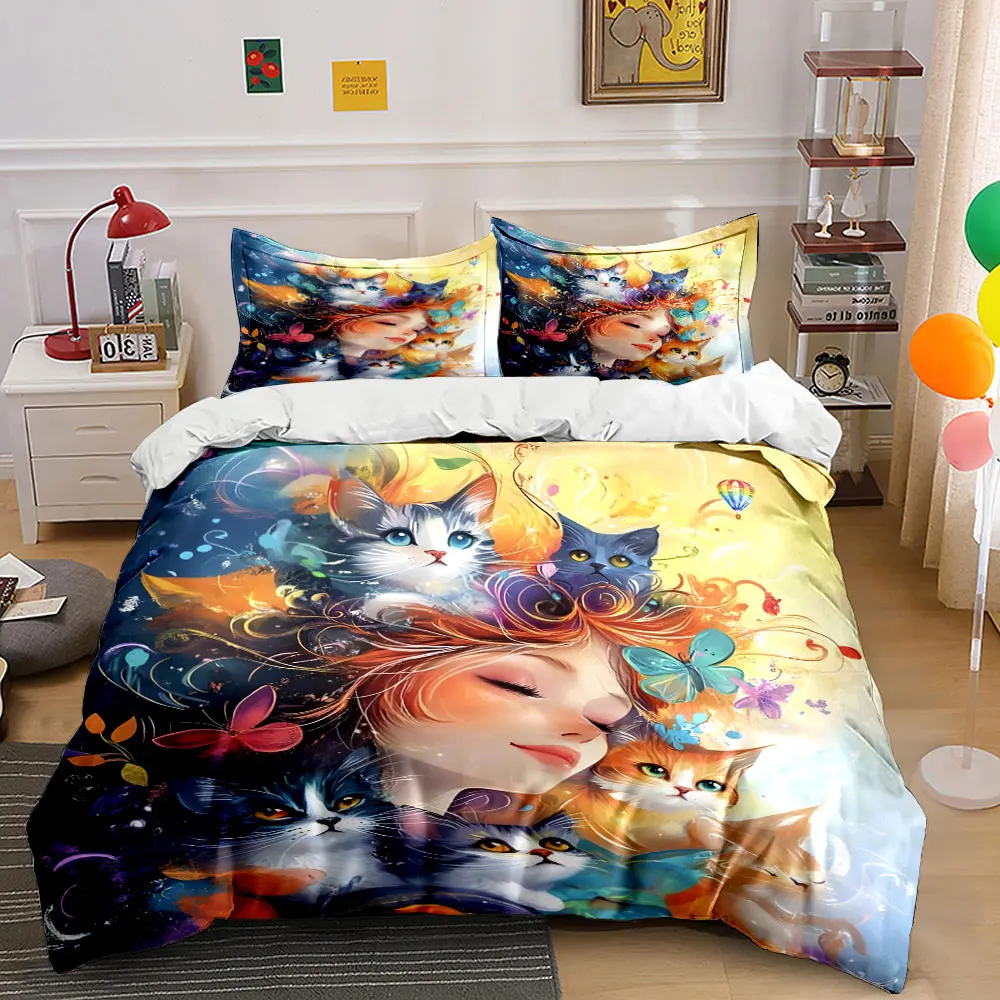 Dreamy Woman with Magical Cats Print Bedding Set 1 Duvet Cover 2 Pillowcases for Adult and Children Luxury Gift Full Size