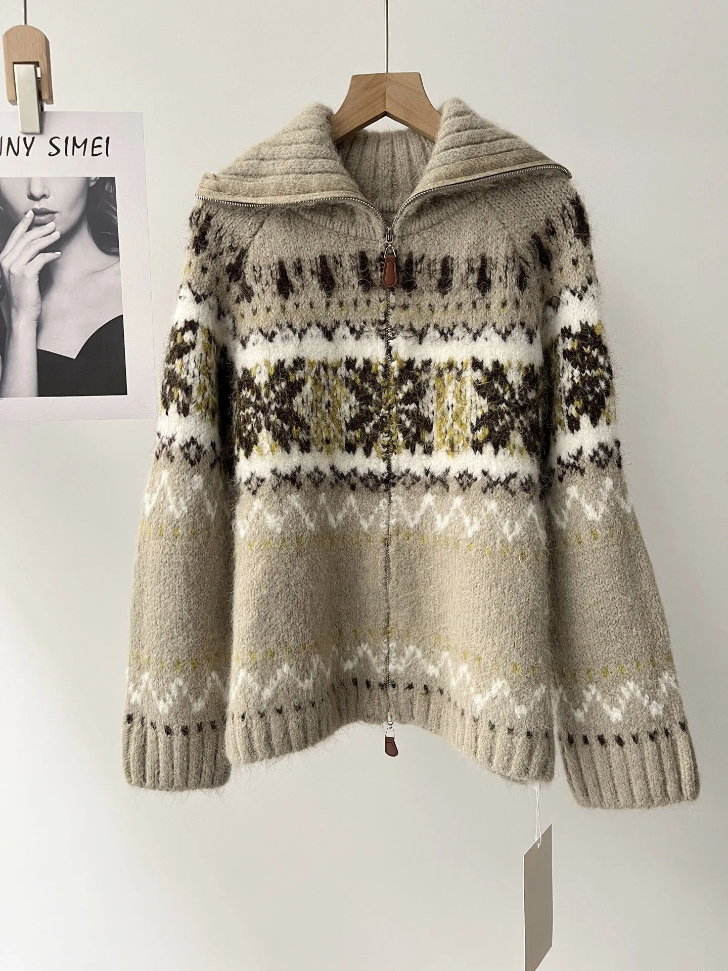 

Lapel sweater cardigan women's vintage loose lazy knit jacket winter 077-2030