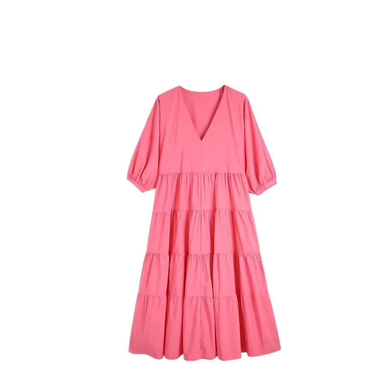 Vestido  Primavera Novo Estilo Csa Fena com Camadas em Camadas, Decote em V, Cintura Alta, Saia Longa em Linh...