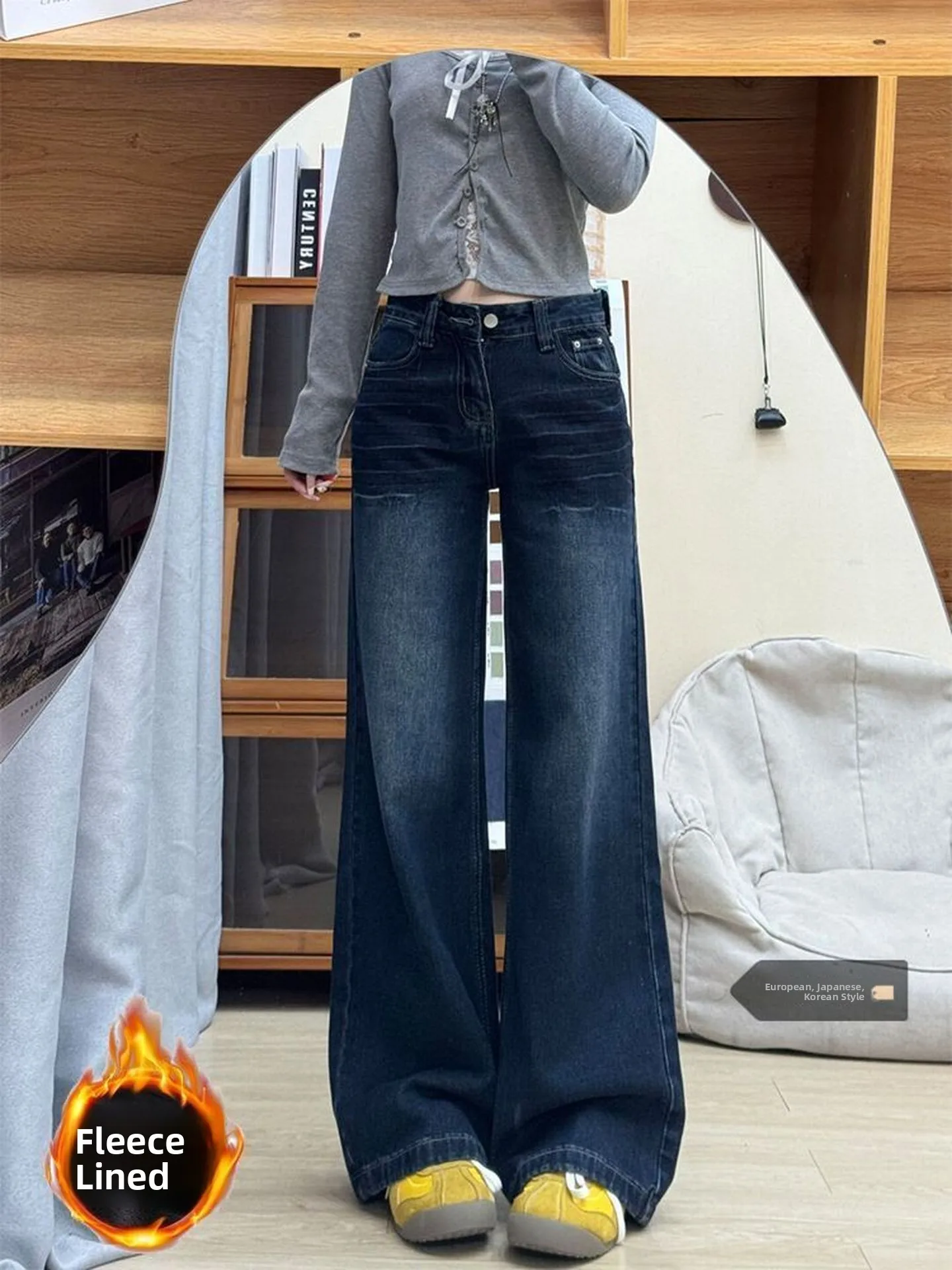 

Американские джинсы с высокой талией, тонкие прямые джинсы на подкладке, темно-синие джинсы, женские осенне-зимние новые модные классические ретро-джинсы