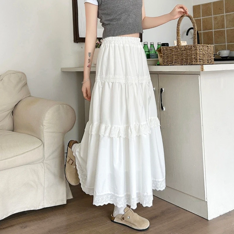 Deeptown White Long Skirt Women Elegant Ruffle Korean Style Lace Midi Skirt Sweet Kawaii High Waist Casual Solid A-line Skirts