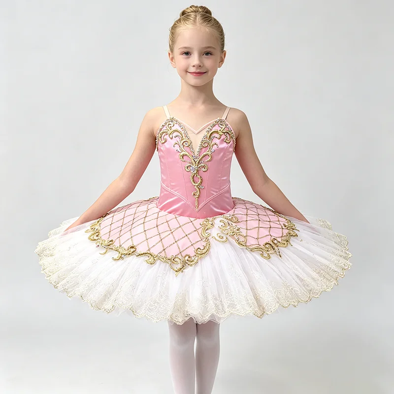 Women bright pink satin V-neck spaghetti strap corset professional tutu ballet costume gilded scroll iridescent rhinestone embro