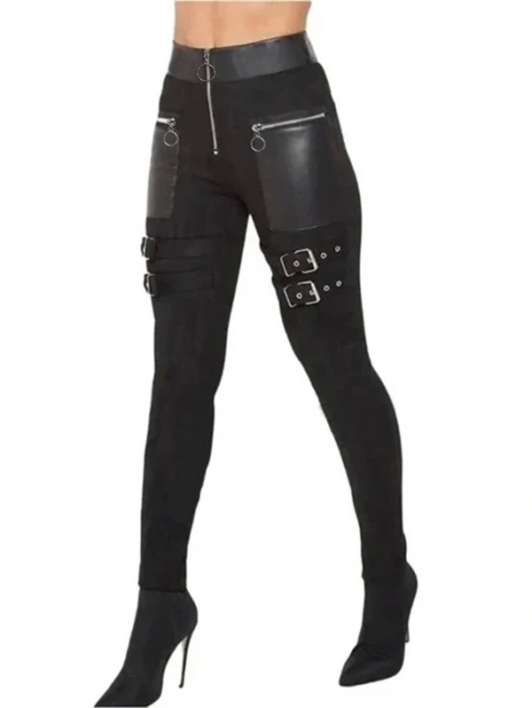 드레스포 여성용 레깅스 고딕 레깅스 단색 O링 지퍼 버클 스트랩 스키니 레깅스