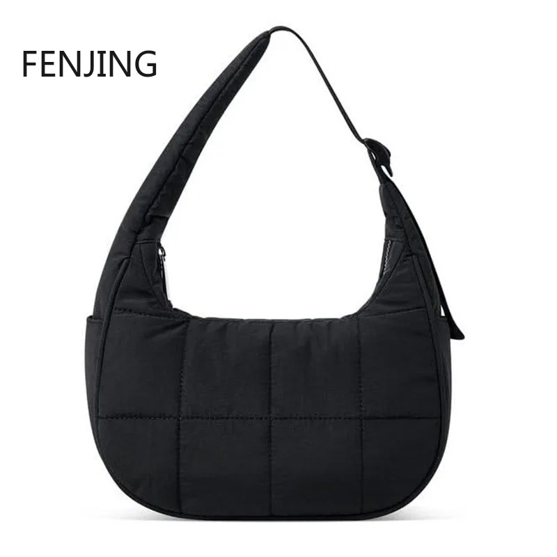 

Сумка подмышки для женщин Стеганые сумки на плечо Нейлоновая сумка с регулируемым ремешком на молнии Сумка-хобо для работы Путешествия Кошелек в форме полумесяца