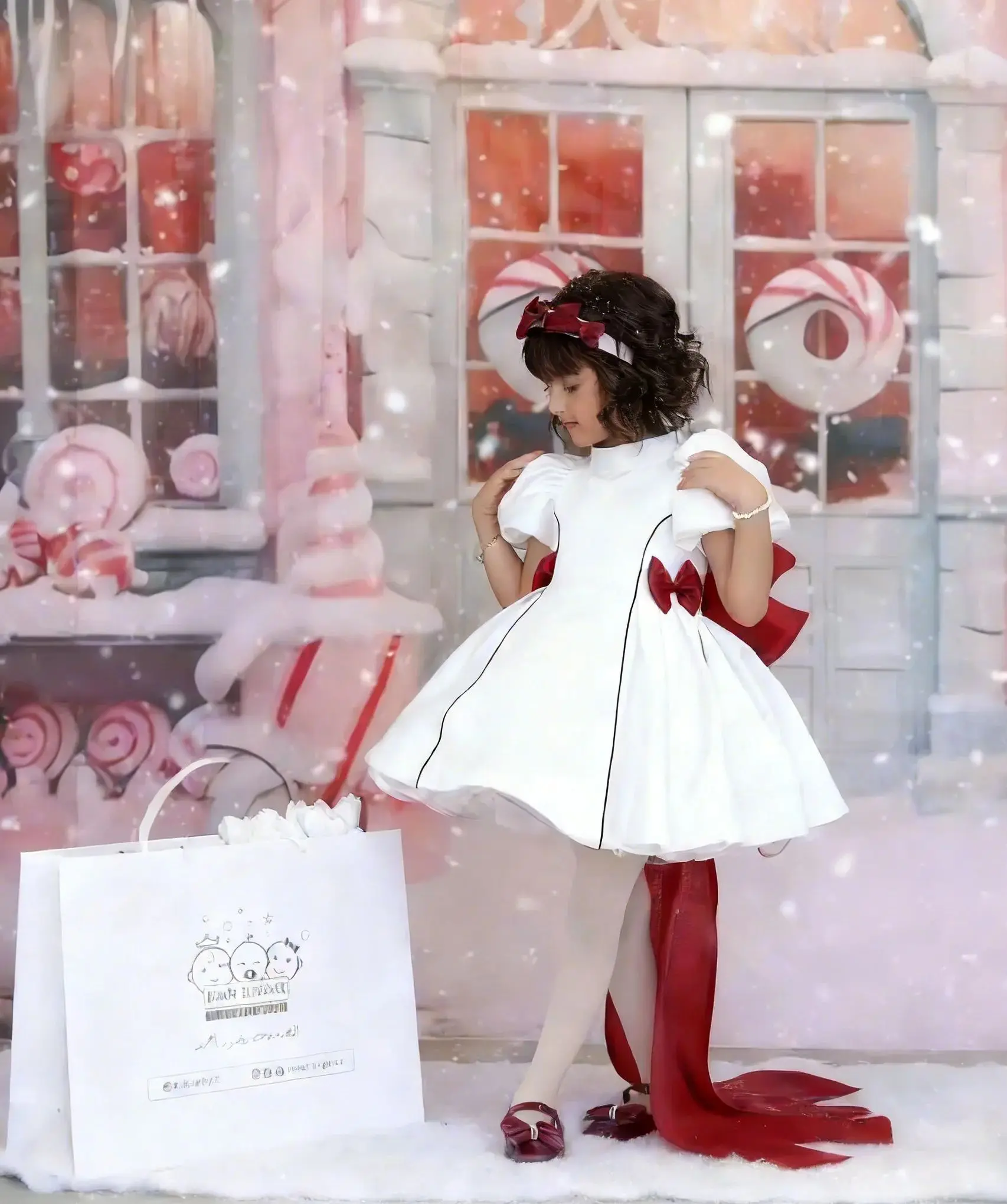 فساتين فتاة الزهور الساتان المخصصة لحفلات الزفاف برقبة عالية مع أقواس حمراء بطول الركبة لعيد ميلاد الفتاة فساتين التواصل الأول