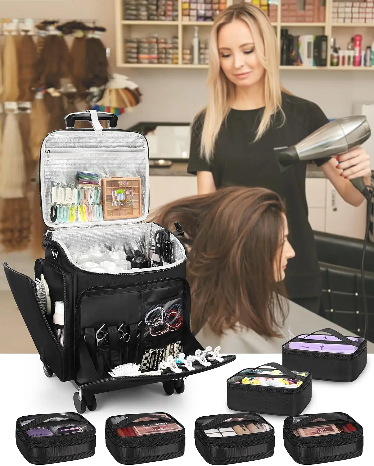 Rolling Makeup Case Hair Tools Travel Bag Cosmetology Case on Wheels with 6 Clear Bags, Professional Hairstylist view 2