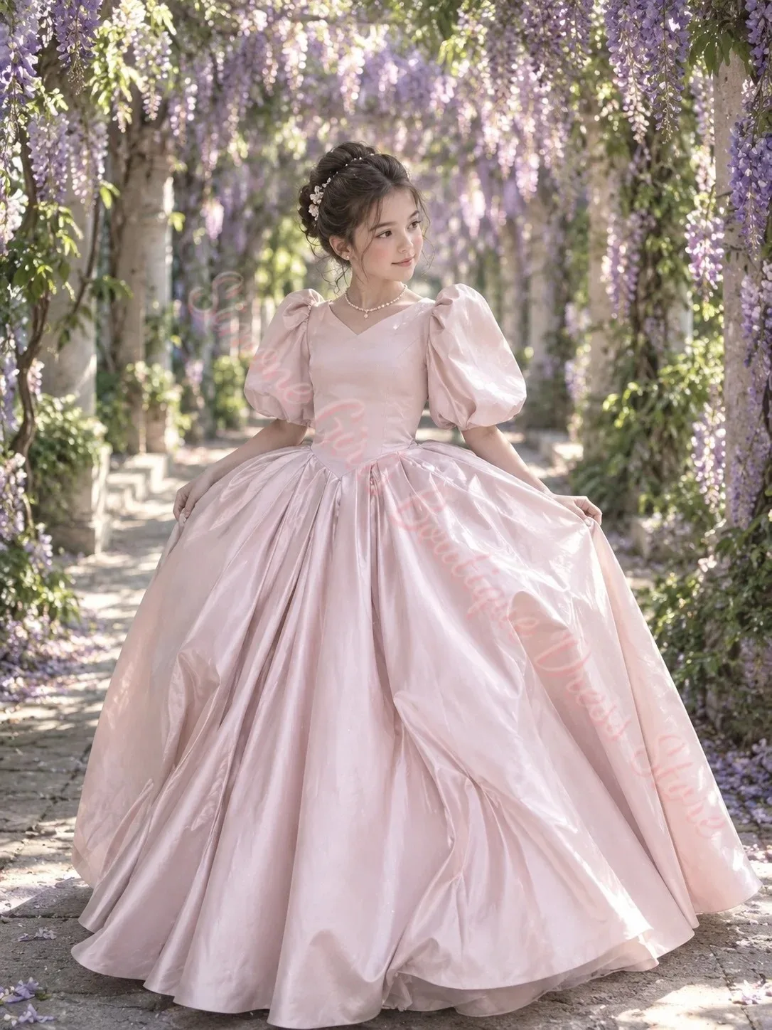 Wholesale Pink Flower Girl Dress Little Bridesmaid for Wedding Bishop Sleeve Floor Length Custom Satin Communion Evening Gown