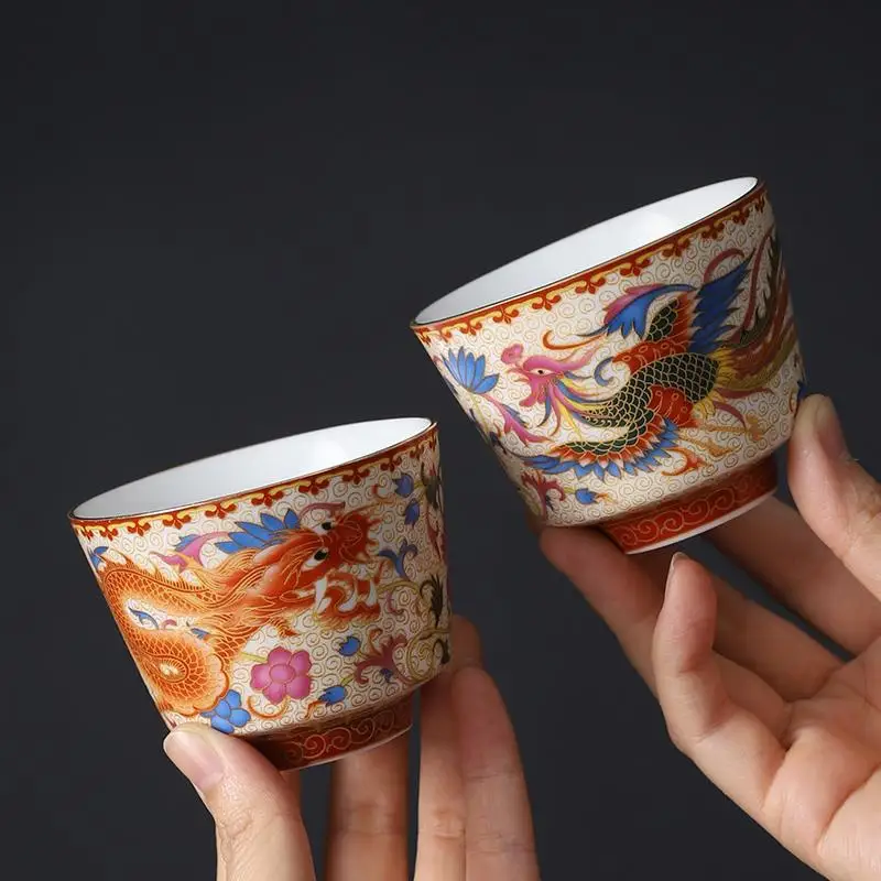 Jingdezhen Chinese Style Ancient Enamel Color Tea Cup Tea Cup Master Cup Dragon and Phoenix Pair Cup Kung Fu Sample Tea Cup Set