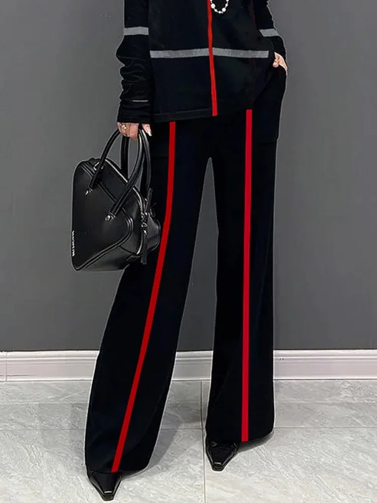 Freeacy Women\'s Autumn Casual Bottoms High Waist Striped Wide Leg Trousers Floor Length Pants For Urban Female Streetwears