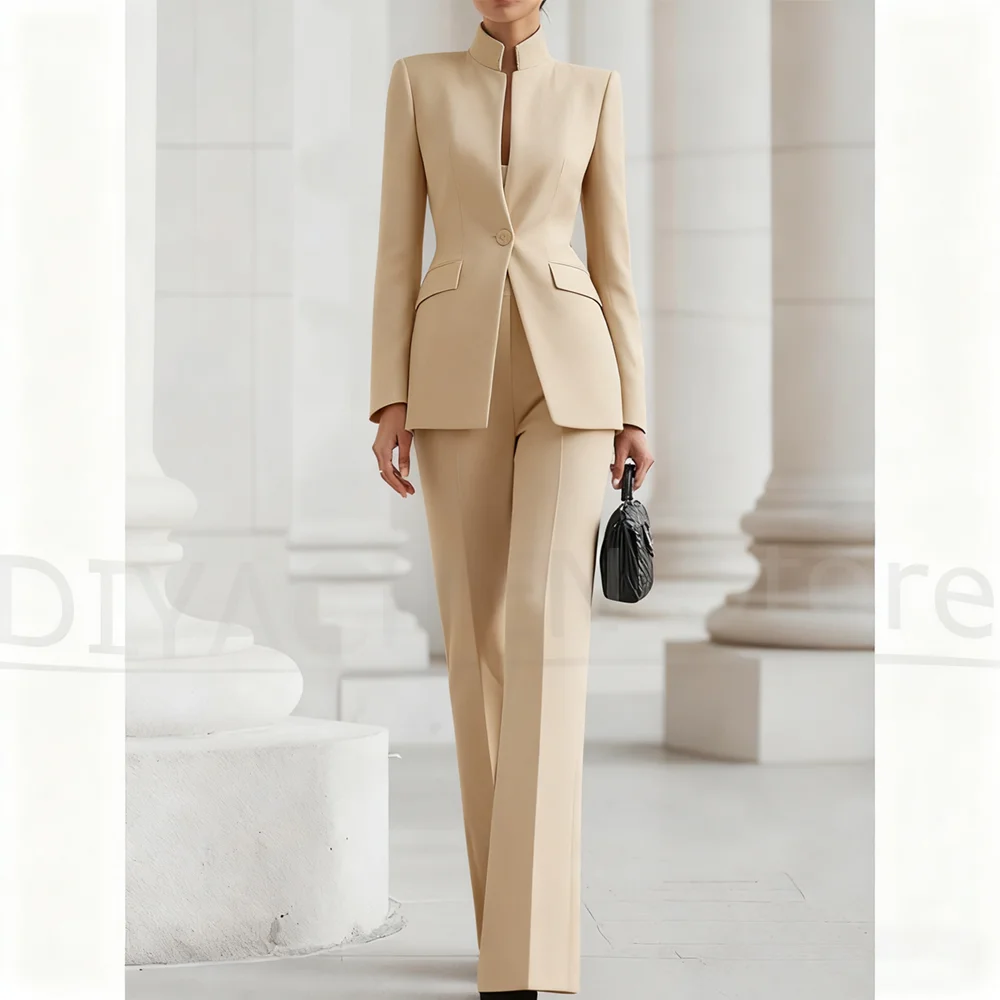

Женский костюм с воротником-стойкой, шикарный костюм на одной пуговице, вечерний наряд для вечеринки, высокое качество, деловые повседневные тонкие модные комплекты брюк