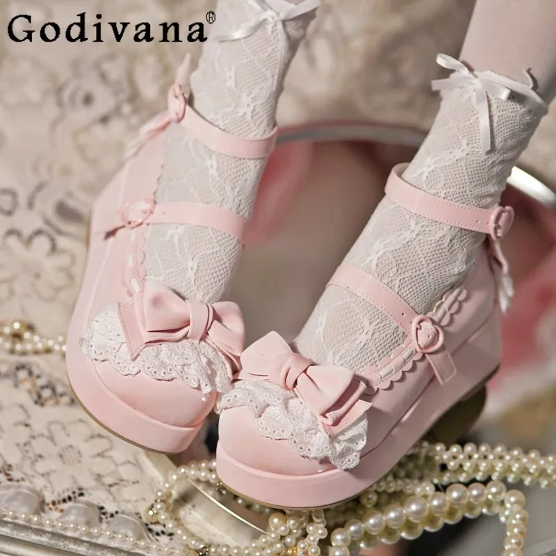 Zapatos de plataforma de suela gruesa con lazo de encaje Lolita para mujer, zapatos japoneses de Lolita JK Mary Jane, zapatos bonitos y dulces de verano para niñas