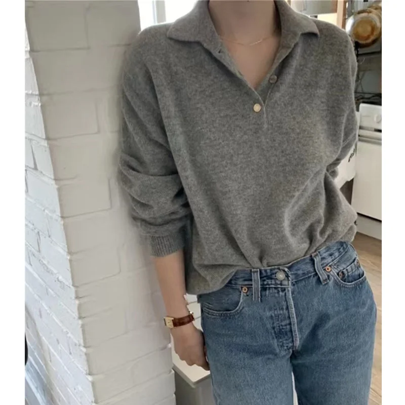 Fashion POLO half-neck cashmere knitwear women autumn winter new loose versatile Korean version cardigan base sweater