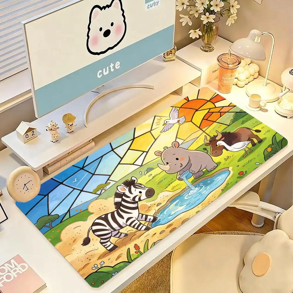 Stained Glass Zoo Animals Mouse Pad Stitched Edges Smooth Surface Large Size For Kids Room Desk Decor