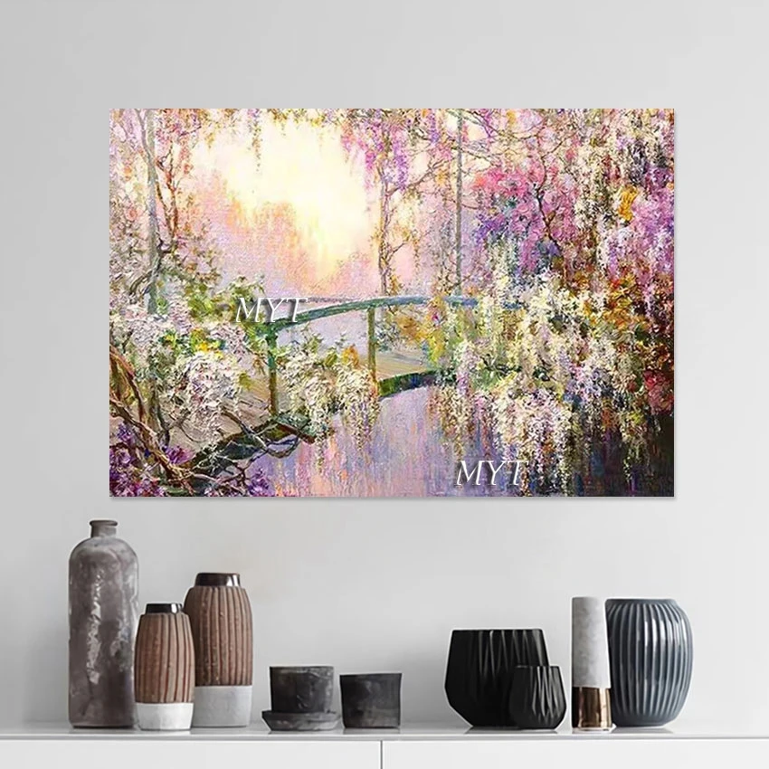 Beautiful Flowers Bridge Landscape Art Painting Abstract Plant Decor Canvas Picture Frameless European Style Decoration Wall