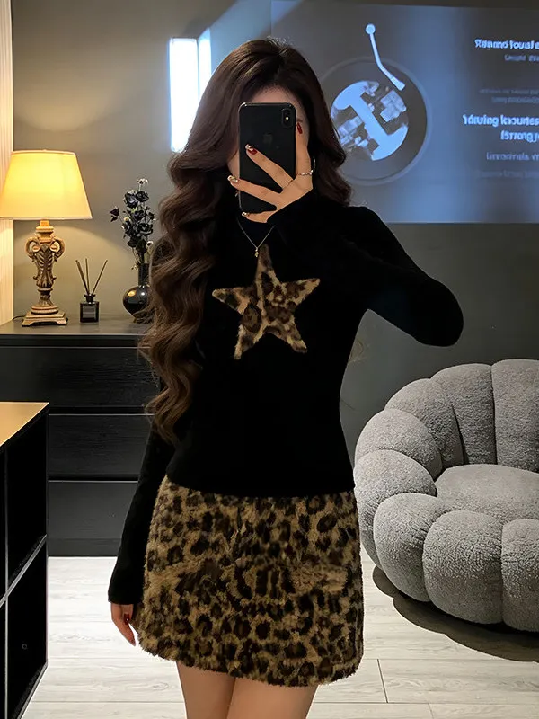 

plus Size Women's Long Sve T-irt Korean Sle Slim Fit Base Layer irt Winter Season f High Collar Leopard Print Star