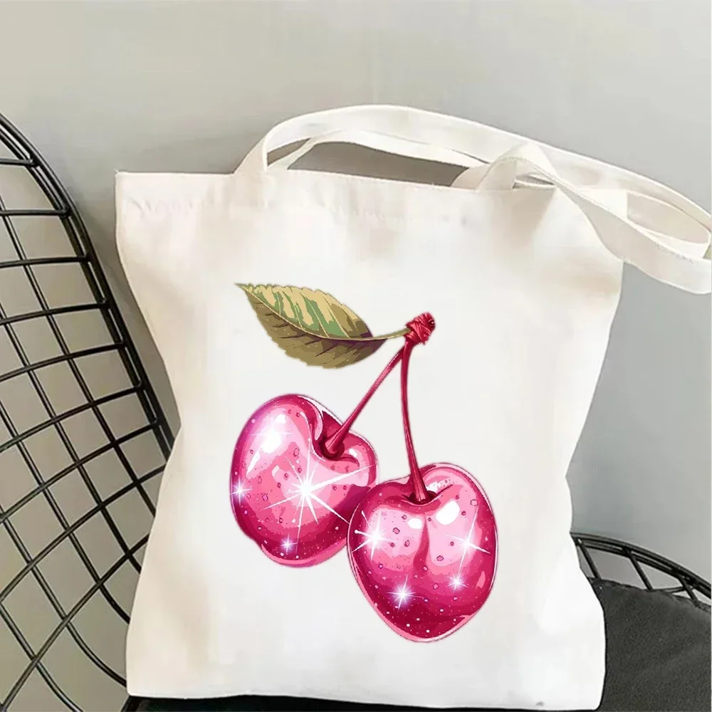 1pc Trendy Shiny & Coquette Cherry Print Canvas Tote Bag Reusable Shoulder Bag,Cute Y2K Style Bag for School Work & Everyday Use