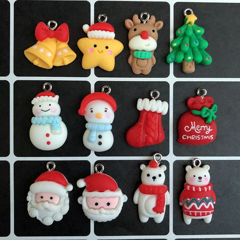 Mix 10pcs/pack Christmas Jewelry Resin Charms DIY Flatback Christmas Tree/Stocking/Bell/Elk Earring Pendant Xmas Accessory